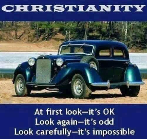 A vintage car with mismatched wheels sits on a beach, capturing initial allure much like the surface appeal of Christianity. But then, upon closer inspection, initial acceptance might give way to disbelief as deeper complexities unravel.