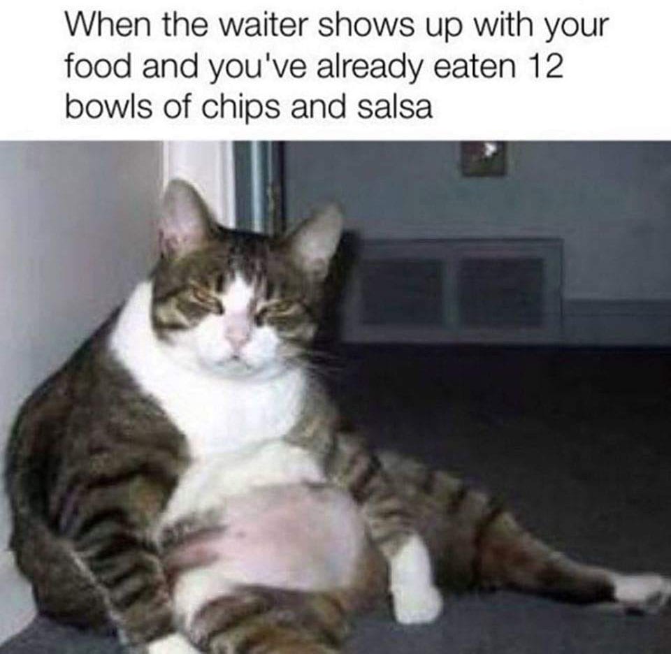 When the waiter shows up with your food, and you've already eaten 12 bowls of chips and salsa.