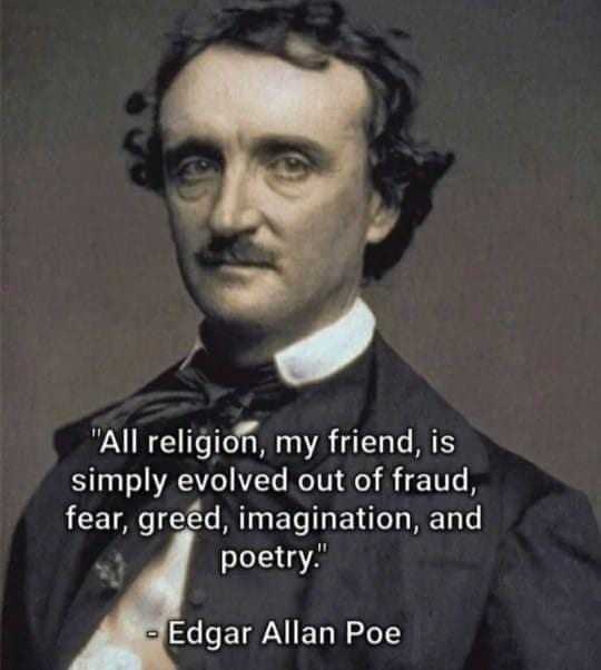 Portrait of Edgar Allan Poe with a quote about religion attributed to him at the bottom.
