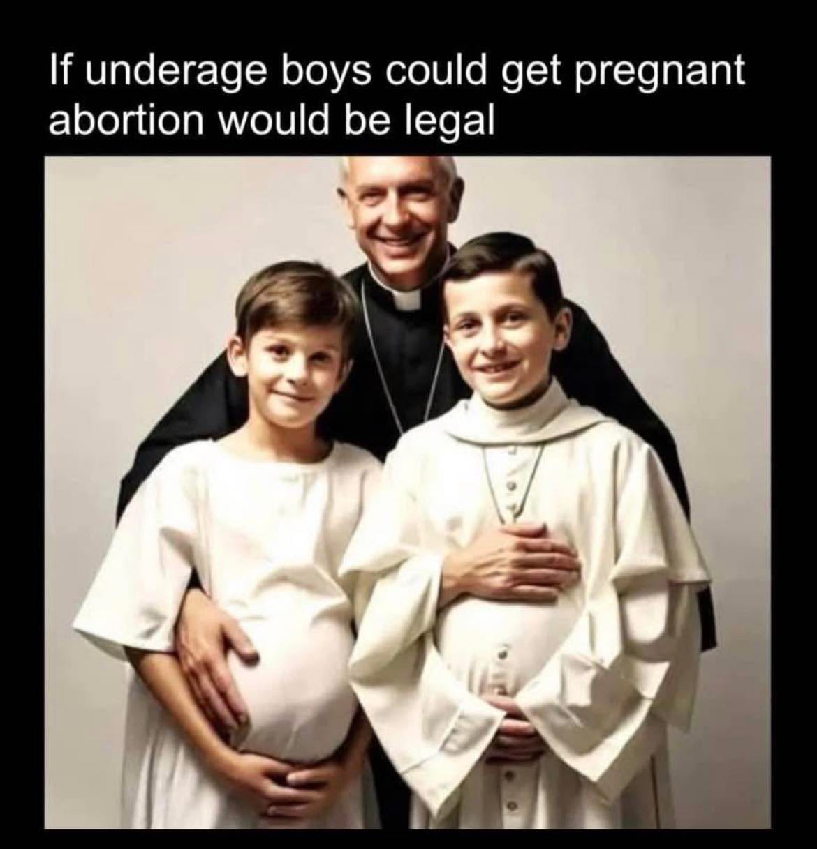 Two boys in religious attire are posed with a clergy member, both boys have visibly pregnant bellies. Text above reads: 