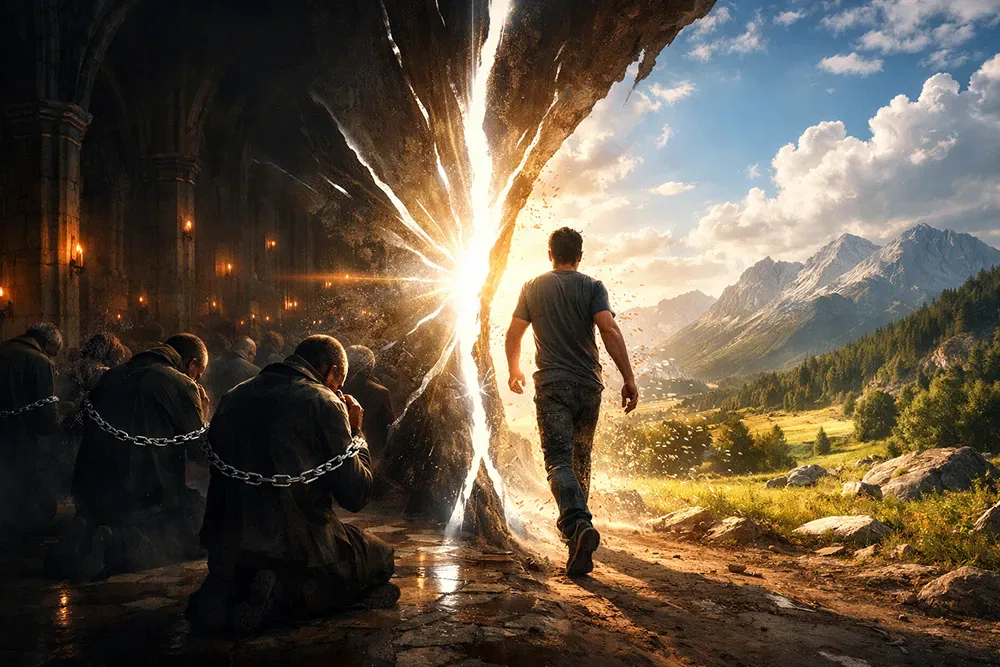 A man walks through a glowing crack in a cave wall into a bright landscape, breaking free while chained figures, symbols of religious indoctrination, kneel in the shadows behind him.
